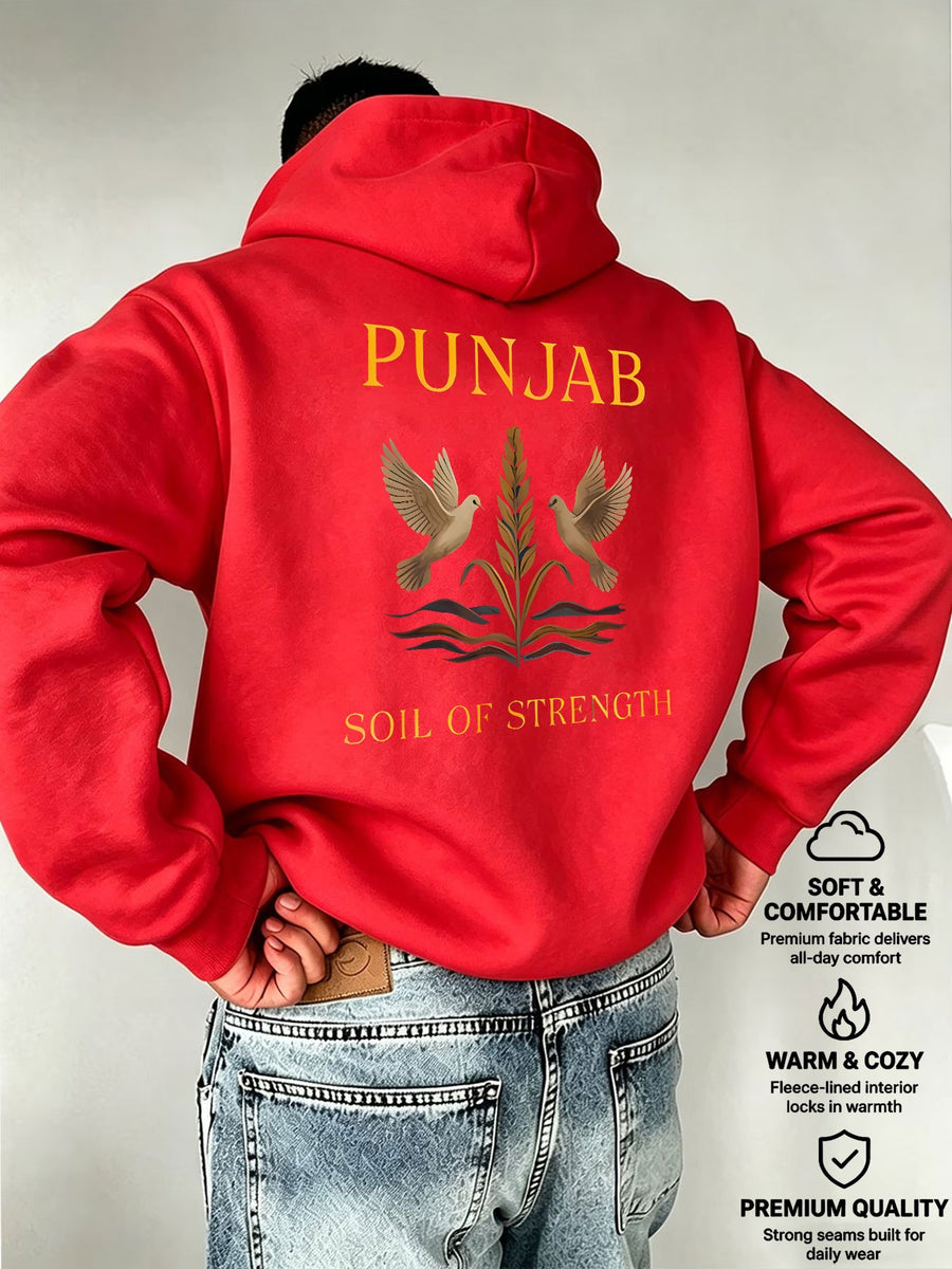 Men'S Hooded Sweatshirt PUNJAB Wheat Print Western Regional Style Mature Men'S Top - Red