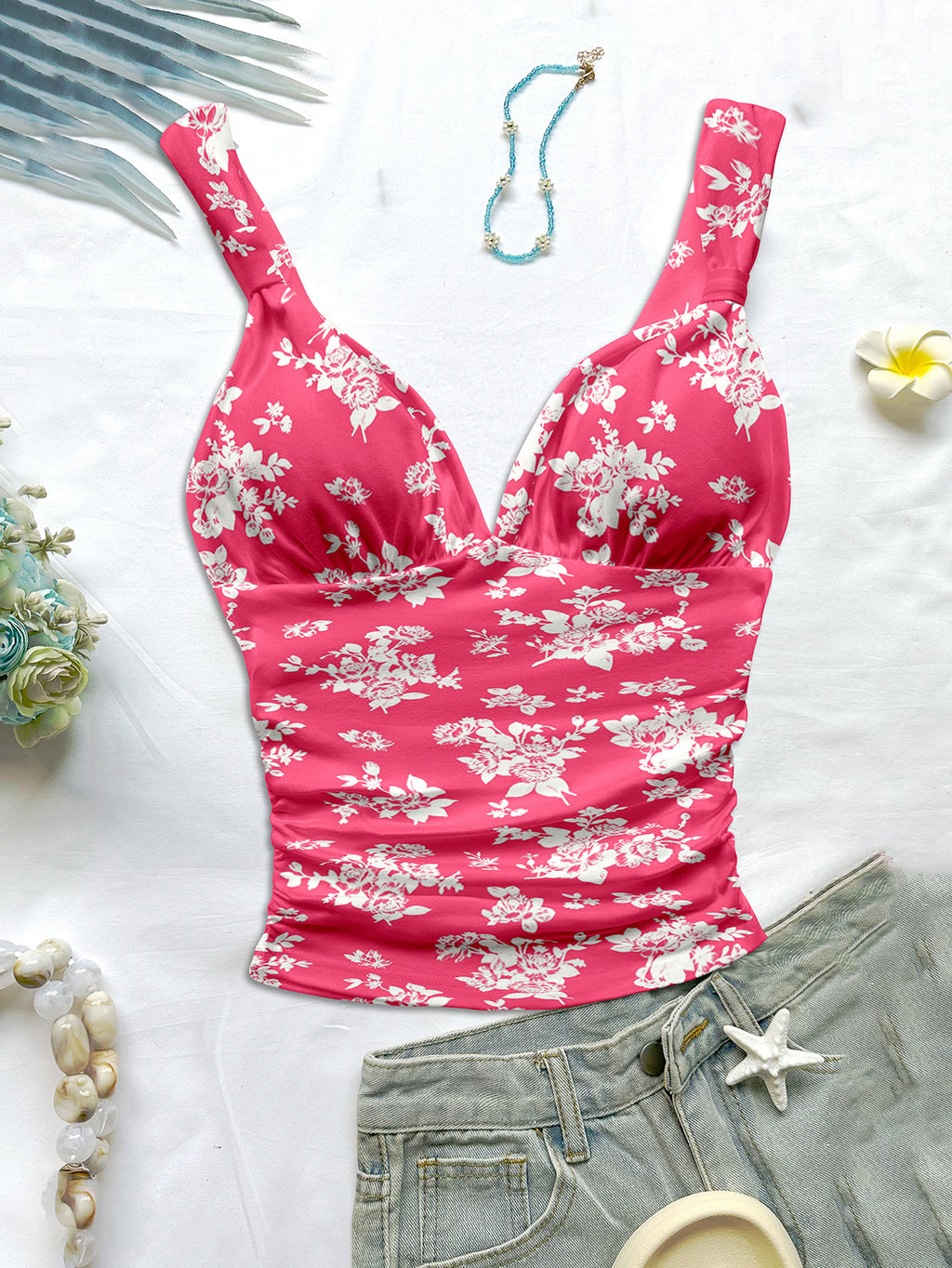 Casual Romantic Vacation Tie-Up Straps Ruched Slim Fit Floral Print Tank Top - Red