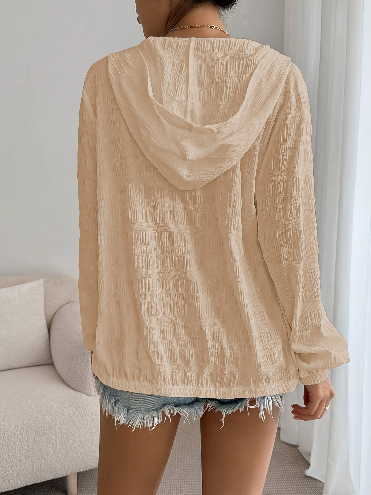 Comfortable Comfortable | Women'S Lightweight White Hooded Jacket - Casual Pleated Design, Zipper Closure, Long Sleeves, Machine Washable - Versatile Outerwear for All Seasons - Khaki