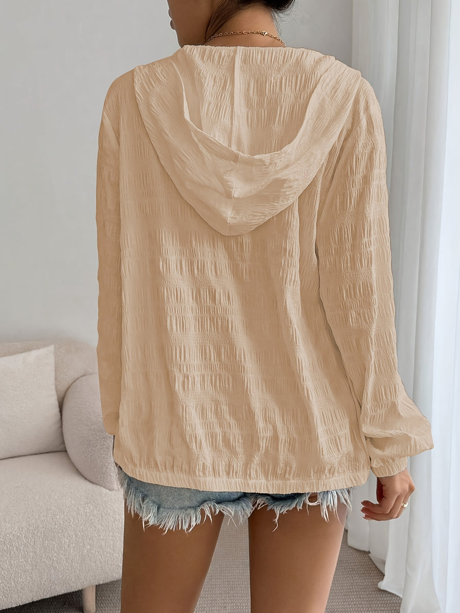 Comfortable Comfortable | Women'S Lightweight White Hooded Jacket - Casual Pleated Design, Zipper Closure, Long Sleeves, Machine Washable - Versatile Outerwear for All Seasons - Khaki