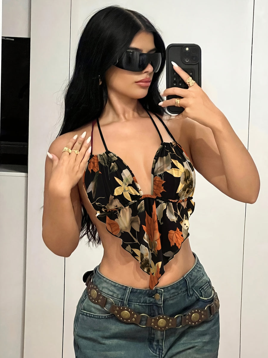 Hawaiian Style Random Printed Maple Leaf Backless Halter Top, Daily Casual Summer Wear Halter Top, Sleeveless V-neck, Irregular Printed Halter Top, Slim Fit, Thin Shoulder Strap, Backless Design Suitable for Summer Casual Wear - Black