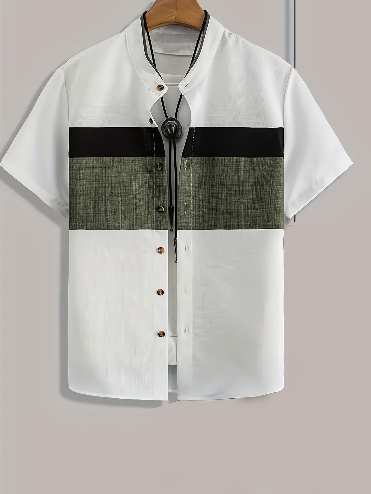Men'S Summer Shirt, Stand Collar Short Sleeve Contrast Button-Up Shirt - Military Green