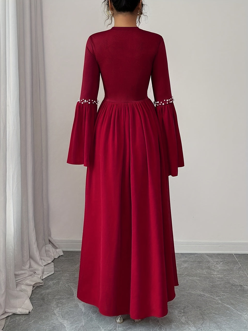 Women'S Elegant Long Sleeve Flared Waist-Cinching A-Line Dress with Pearl Round Neck - Burgundy
