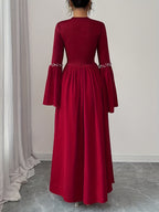 Women'S Elegant Long Sleeve Flared Waist-Cinching A-Line Dress with Pearl Round Neck - Burgundy