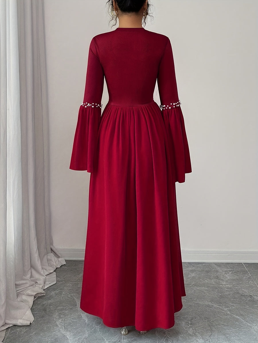 Women'S Elegant Long Sleeve Flared Waist-Cinching A-Line Dress with Pearl Round Neck - Burgundy
