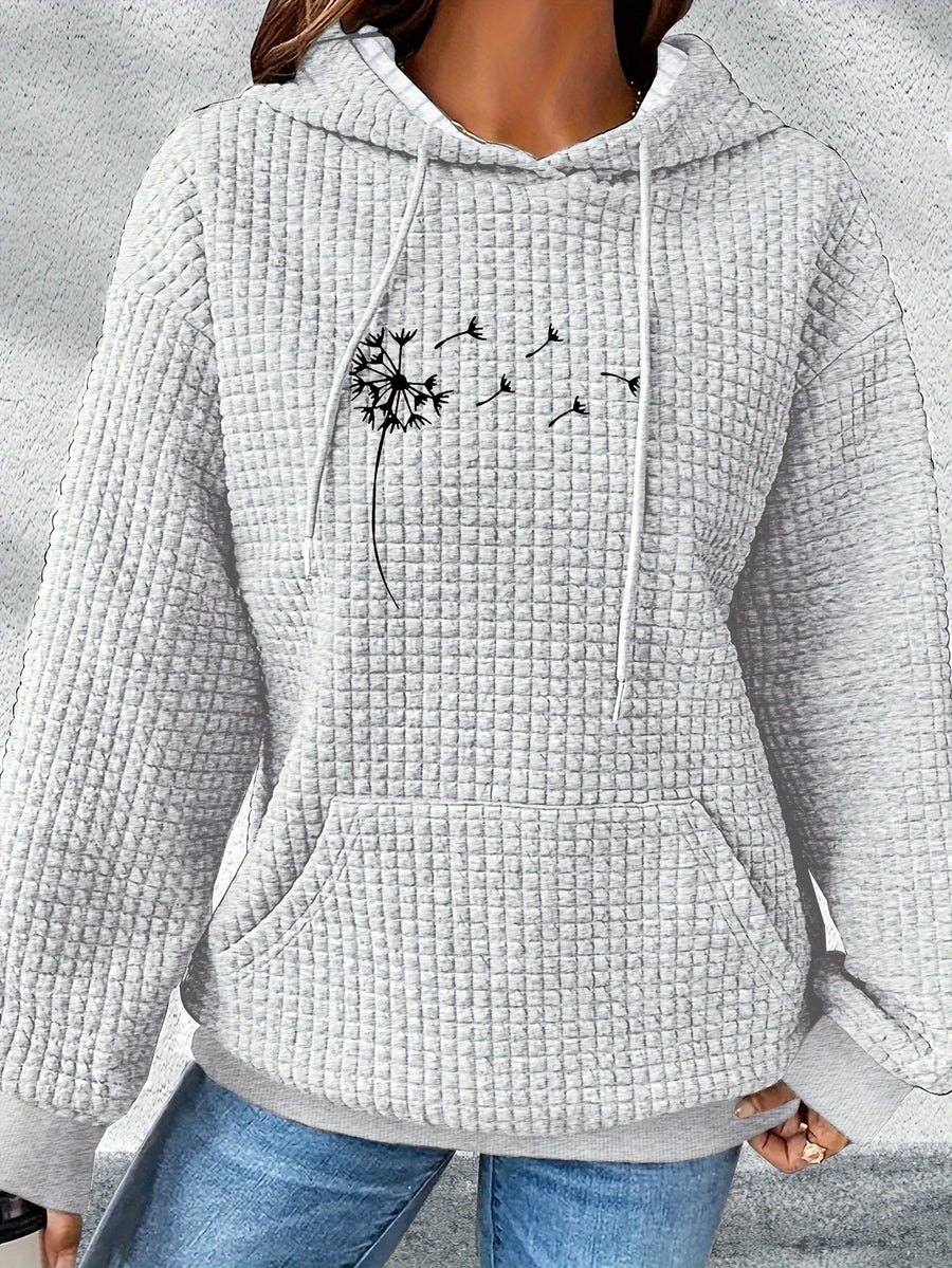 Valentine's Day 2026 New Summer Promotion Fashionable, Commuting, Daily Outfit, Casual Yet Appropriate, Elegant, People, Waffle Women's Drawstring Hooded Sweatshirt Casual Loose Printed Sweatshirt - Grey