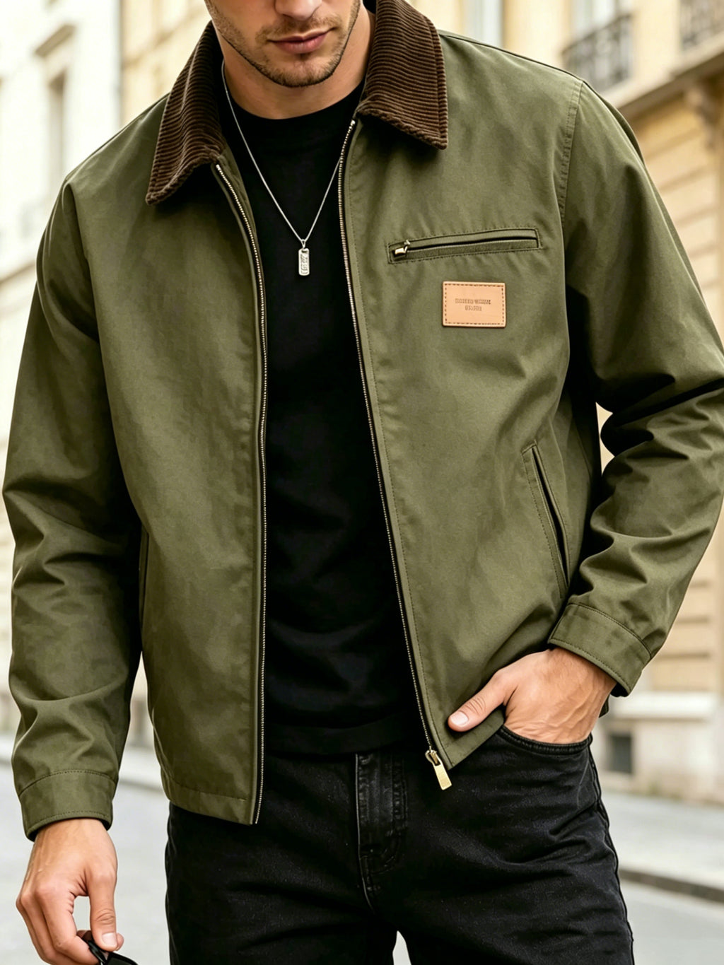 2026 American Heavyweight Workwear Coach Jacket for Men, Solid Color Lapel Versatile Jacket, Vintage Corduroy Lapel Workwear Jacket - fern green
