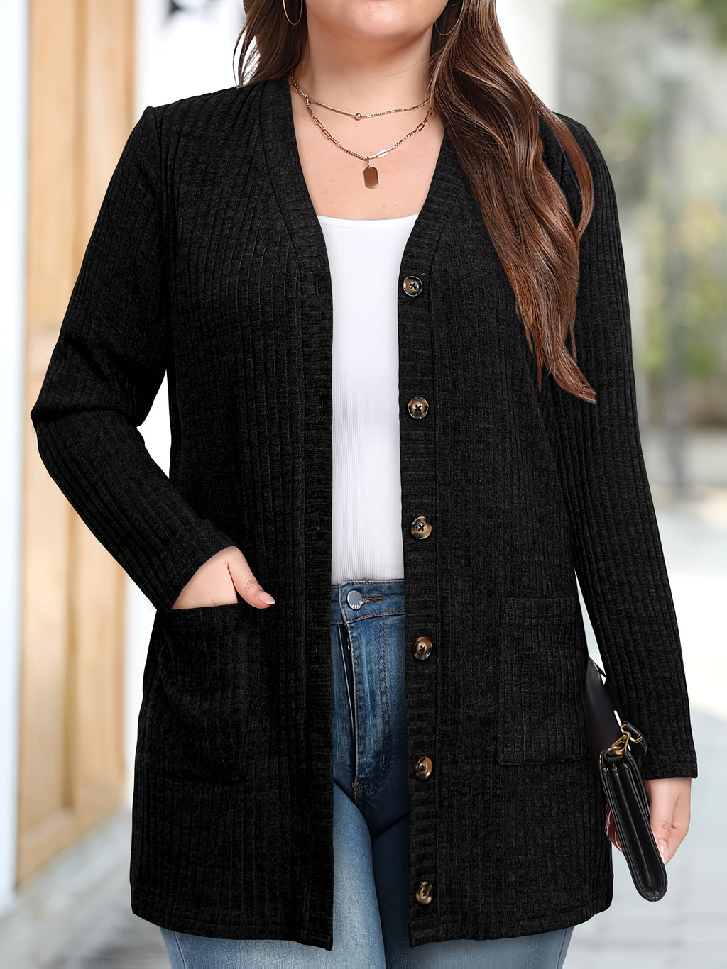 Women's Fashion Warm Cardigan with Pockets - Black