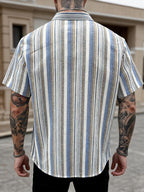 Men'S New Retro Striped Short Sleeve Shirt, Vertical Stripe Design Exaggerates Temperament, Breathable Fabric Non-Sweaty, Single Pocket Detail Full, Loose Fit Non-Pick Body, Daily Commute Casual Street Men'S Trendy Fashion Shirt Top - Blue