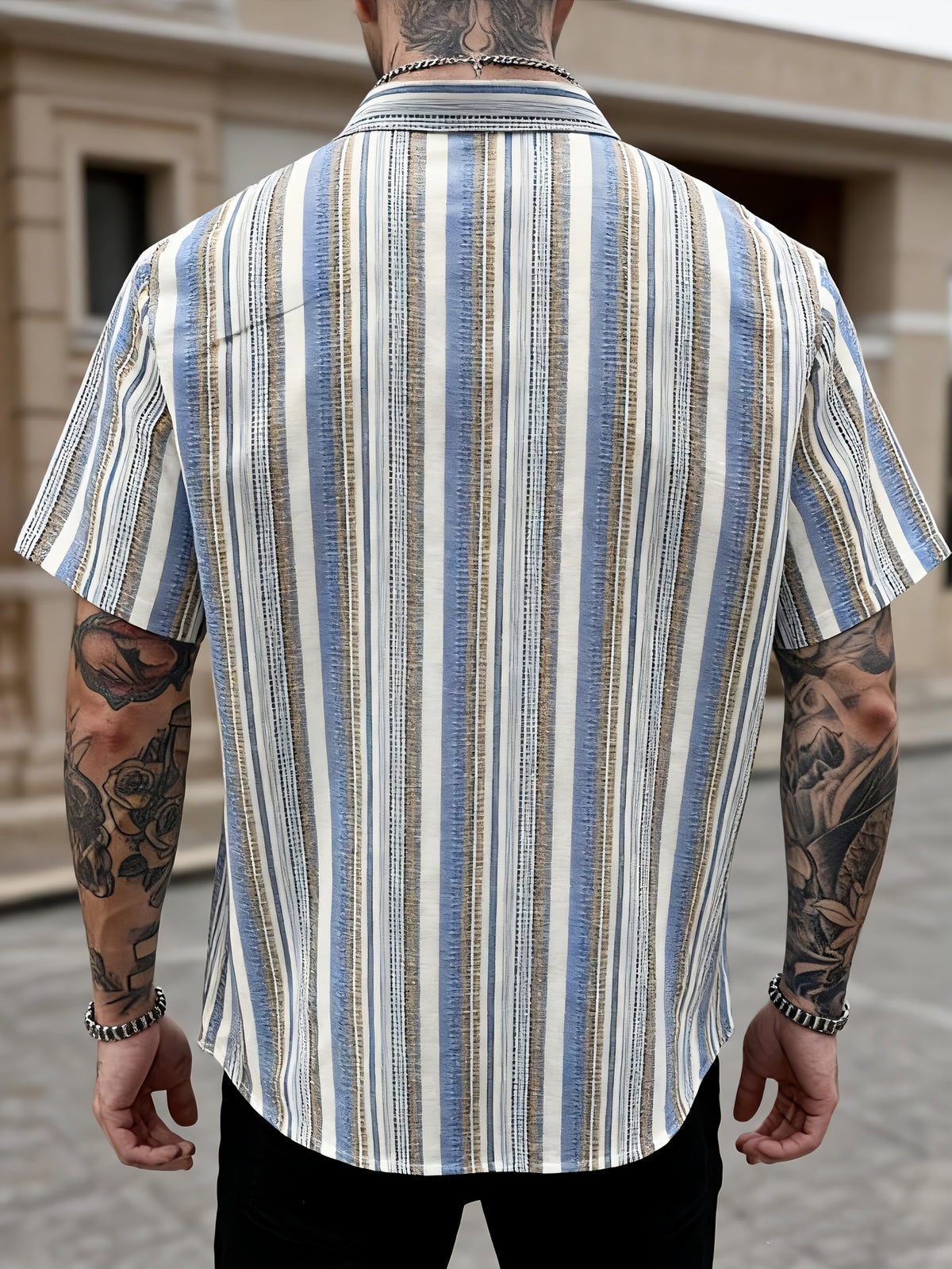 Men'S New Retro Striped Short Sleeve Shirt, Vertical Stripe Design Exaggerates Temperament, Breathable Fabric Non-Sweaty, Single Pocket Detail Full, Loose Fit Non-Pick Body, Daily Commute Casual Street Men'S Trendy Fashion Shirt Top - Blue