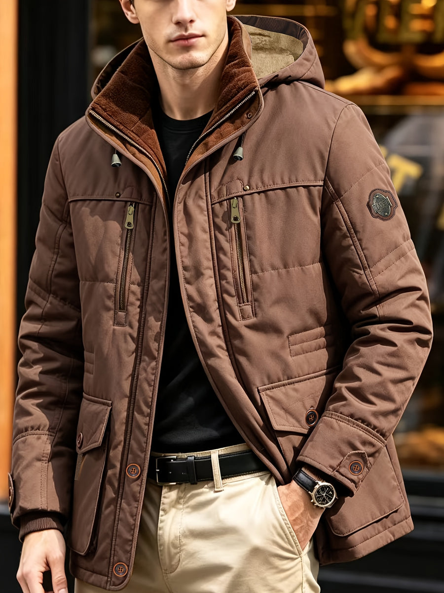 Cargo Jacket, Removable Hood Corduroy Lining Multi-Zipper Pockets, Warm Casual Top Jacket, Western Trendy Outerwear. Men'S Fashion Winter Mid-Length Fleece-Lined Thick Jacket, Men'S Work Practical Jacket - Coffee Color