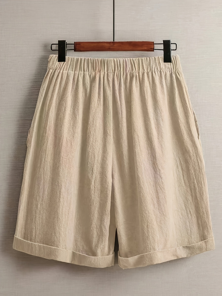 SQ26032726 Women'S Casual Easy Design Solid Color Linen Comfortable Breathable Pocket Shorts Suitable for Going Out, Summer, Vacation, Holiday Wear - Apricot