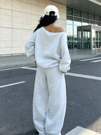 Retro Letter Print Women'S Athletic Off-Shoulder Fleece Loose Shorts And Long Pants 2pcs Set - Grey