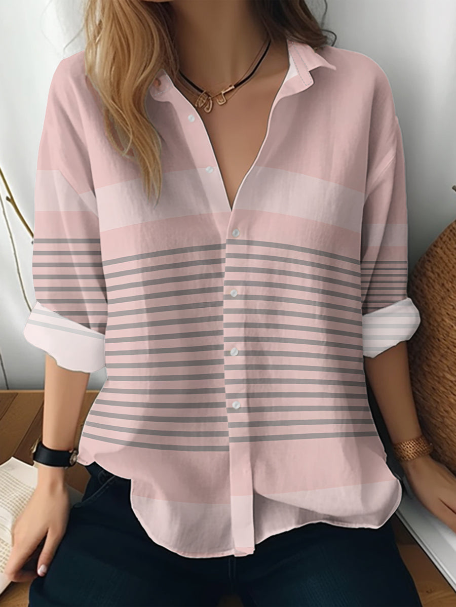 Spring/Autumn Women'S Casual Lapel Long Sleeve Shirt, Pinkish-Gray Striped Print, Everyday Versatile Top, Printed Design - Non-Textured - Mixed colors
