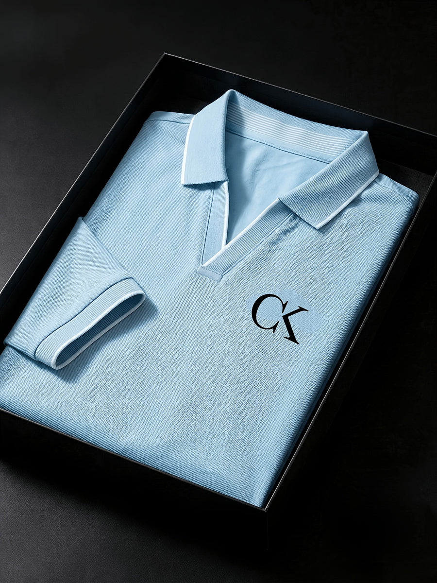 Quick-Dry V-Neck Men'S Golf Polo with Contrast Cuffs, Classic Logo Print, Luxury Contrast Collar, Anti-Pilling Breathable Fabric, Ideal for Sports, Business Casual, Commuting, Golf, And Business Settings - Sky Blue