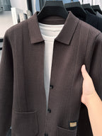 Men's Lapel Knit Cardigan in Multiple Autumn Colors, Vertical Rib-knit Texture, Single-breasted Design, Loose and Versatile, Skin-friendly and Breathable, Suitable for Business Commuting, Daily Outings, Social Gatherings, and Casual Home Wear - Coffee Color