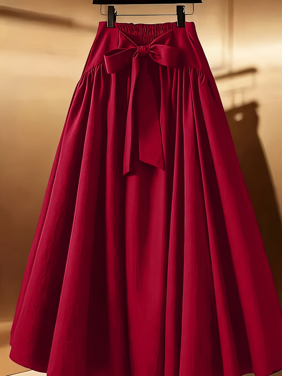 Women'S Elegant High-Waist Bow A-Line Trumpet Midi Dress - Burgundy