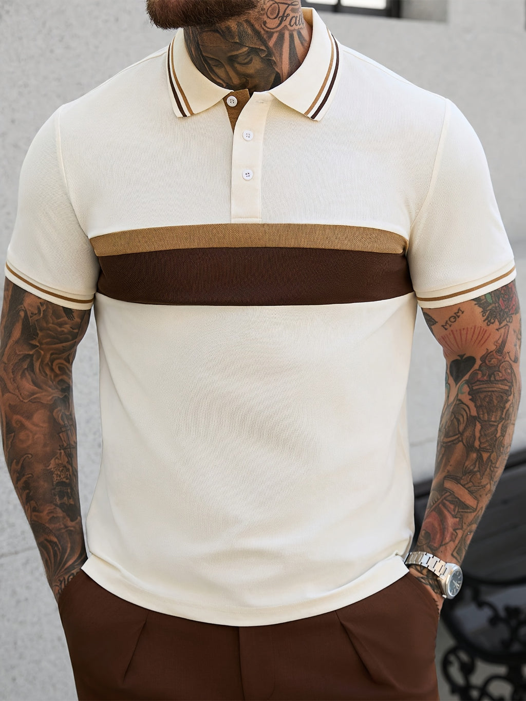 Men's Business Casual Polo Shirt, Formal and Daily Wear, Stretch Knit Fabric, Machine Washable for Office Attire, New Spring/Summer Style, Ribbed Detail, Trendy for Men - Milkshake Brown, Mocha Brown