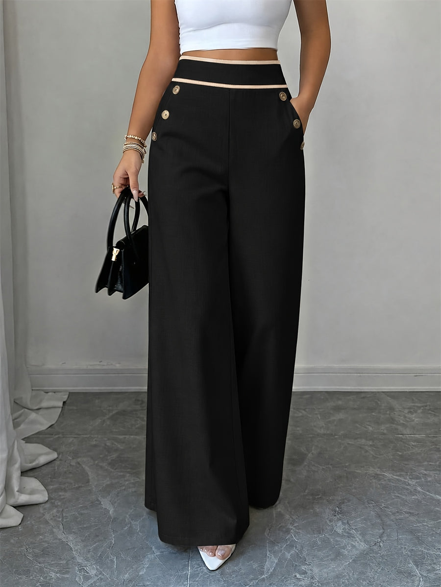 Women'S New Casual Fashion Elegant High-Waist Pocket Loose Comfortable Wide-Leg Straight-Leg Pants - Black
