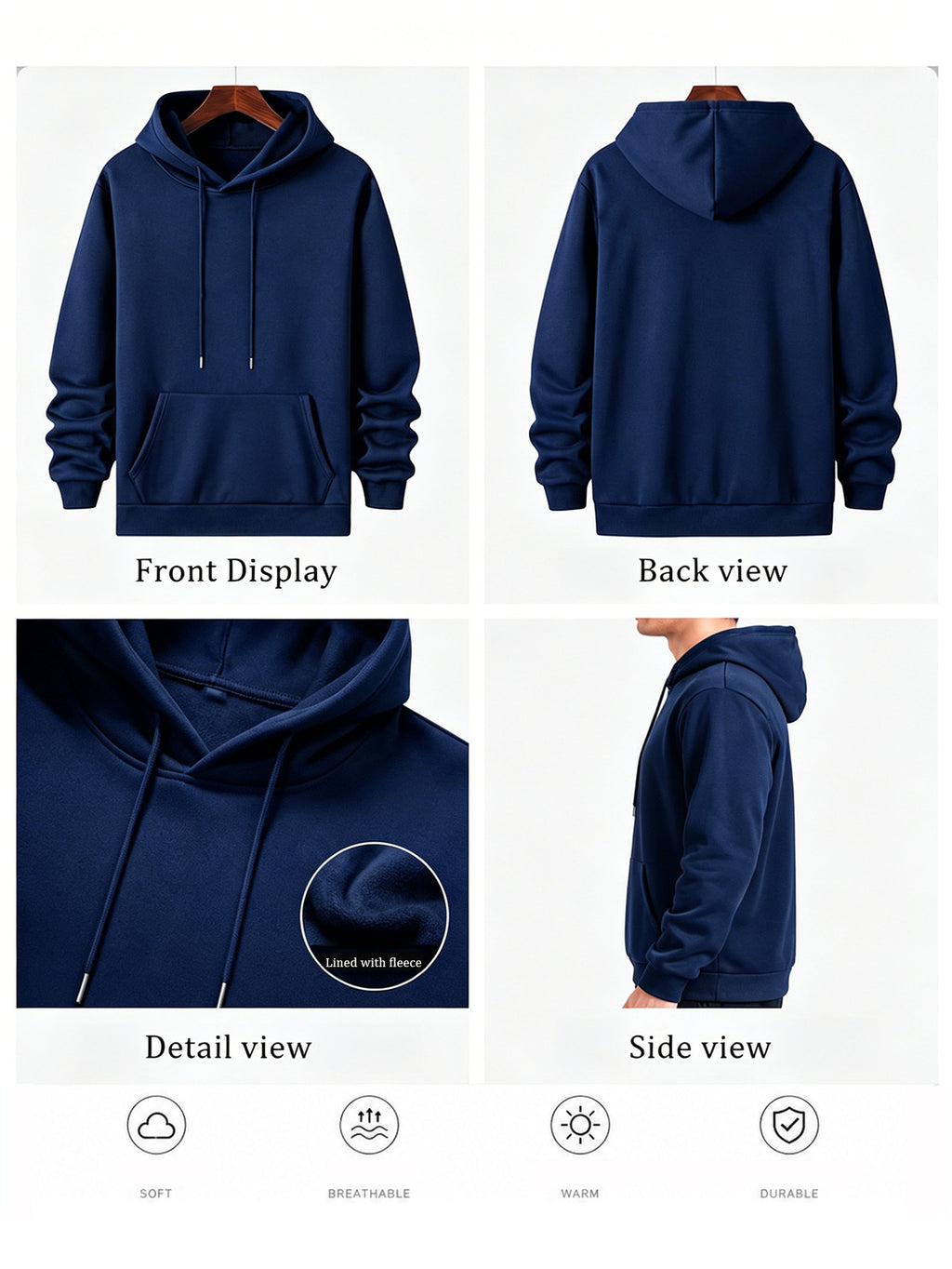 Men's Hooded Sweatshirt WOLF - Realistic Wolf Head Print, European and American Dark Style Men's Casual Sweatshirt - Navy Color