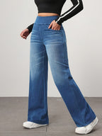 Women'S Loose Wide-Leg Elastic High-Waist Stretch Comfortable Temperament Elegant Women'S Trousers - Blue