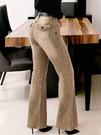 Women'S Y2K Solid-Color Washed Denim Retro Flare Pants - Form-Fitting, -Lifting, Versatile Street-Style & Commuter Jeans (Suitable for All Seasons) - Khaki