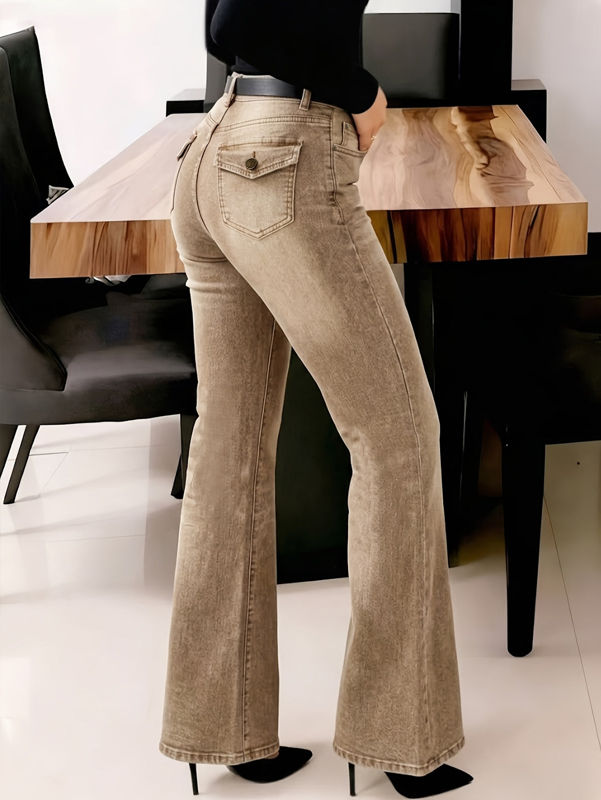 Women'S Y2K Solid-Color Washed Denim Retro Flare Pants - Form-Fitting, -Lifting, Versatile Street-Style & Commuter Jeans (Suitable for All Seasons) - Khaki