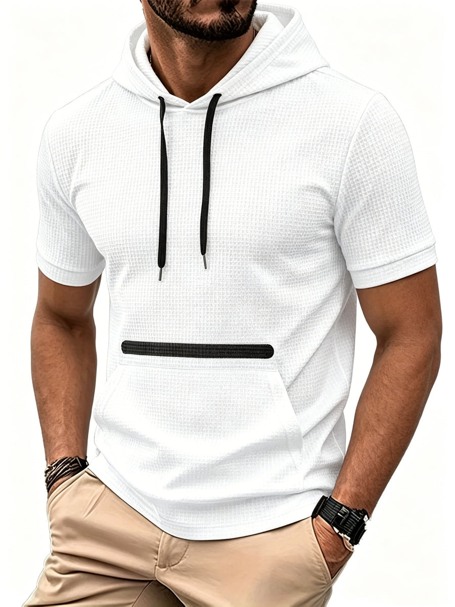 Men's Waffle Knit Short Sleeve Hoodie - Lightweight Breathable Pullover with Contrast Striped Kangaroo Pocket & Hooded Suitable for Spring Summer Fall Layering, Casual Streetwear Gift for, Husband, Boyfriend - White