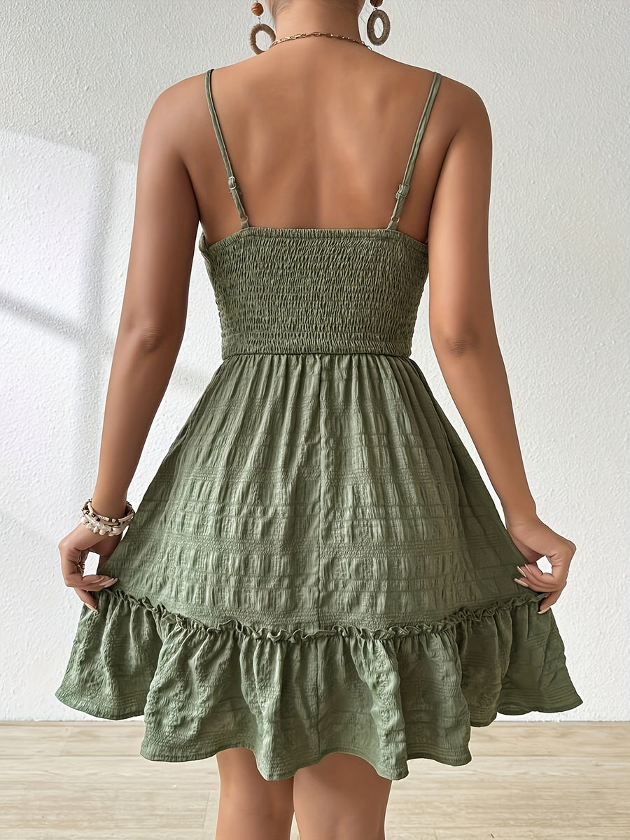 Women'S Vibrant Green Ruched Mini Dress with Adjustable Spaghetti Straps, Backless Design & Tiered Ruffle Hem - Lightweight Summer Casual Dress for Beach or Vacation, Beach Dresses, Vacation Attire, Ruched Texture, Fabric - Army Green