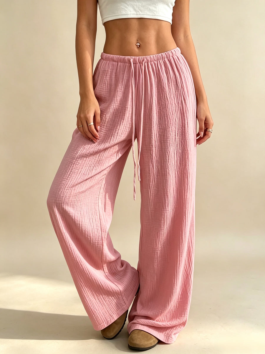 Women's Solid Color Wide-Leg Trousers - Elastic Waist Straight-Leg Pants with Adjustable Drawstring, Lightweight Loose Wide Pants Suitable for Spring Summer Fall, Casual Office Wear, Machine Washable Wide Leg Pants for Blouses - Pink Color