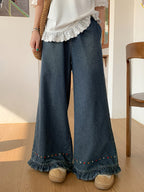 Embroidered Ruffled Wide-Leg Jeans, Elastic Waist Washed Blue Casual Versatile Ankle Pants - Blue