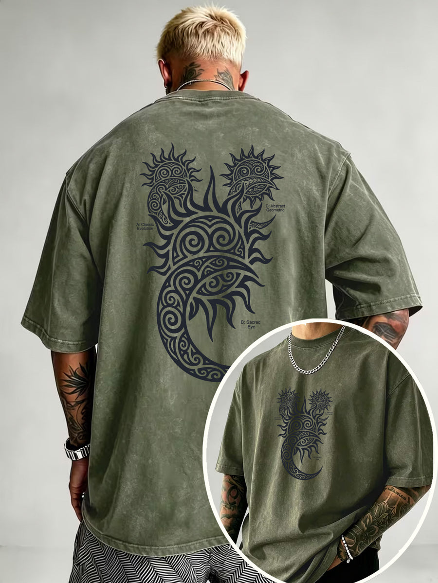 Washed Distressed Short Sleeve Loose Top, Tribal Totem Sun Vortex Trendy Print, Multi-Color Casual Matching, American Street Hip-Hop High Street Style, Daily Outing Commute Sports Fitness Couple Statement Versatile T-Shirt - Military Green