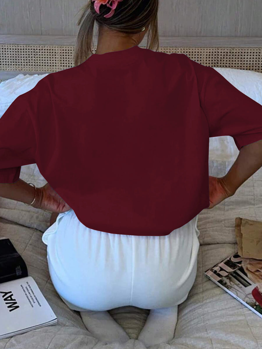 (Popular T-shirts) Spring and summer new fashion trend Women's short-sleeved round neck T-shirt versatile trendy brand short-sleeved Women's tops - Burgundy