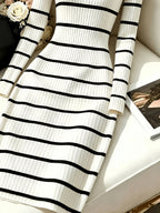 Women's Striped Round Neck Long Sleeve Button Design Casual Mid-Length Dress - White