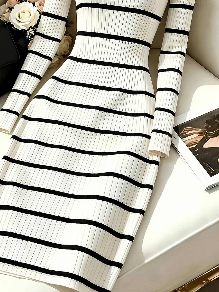 Women's Striped Round Neck Long Sleeve Button Design Casual Mid-Length Dress - White