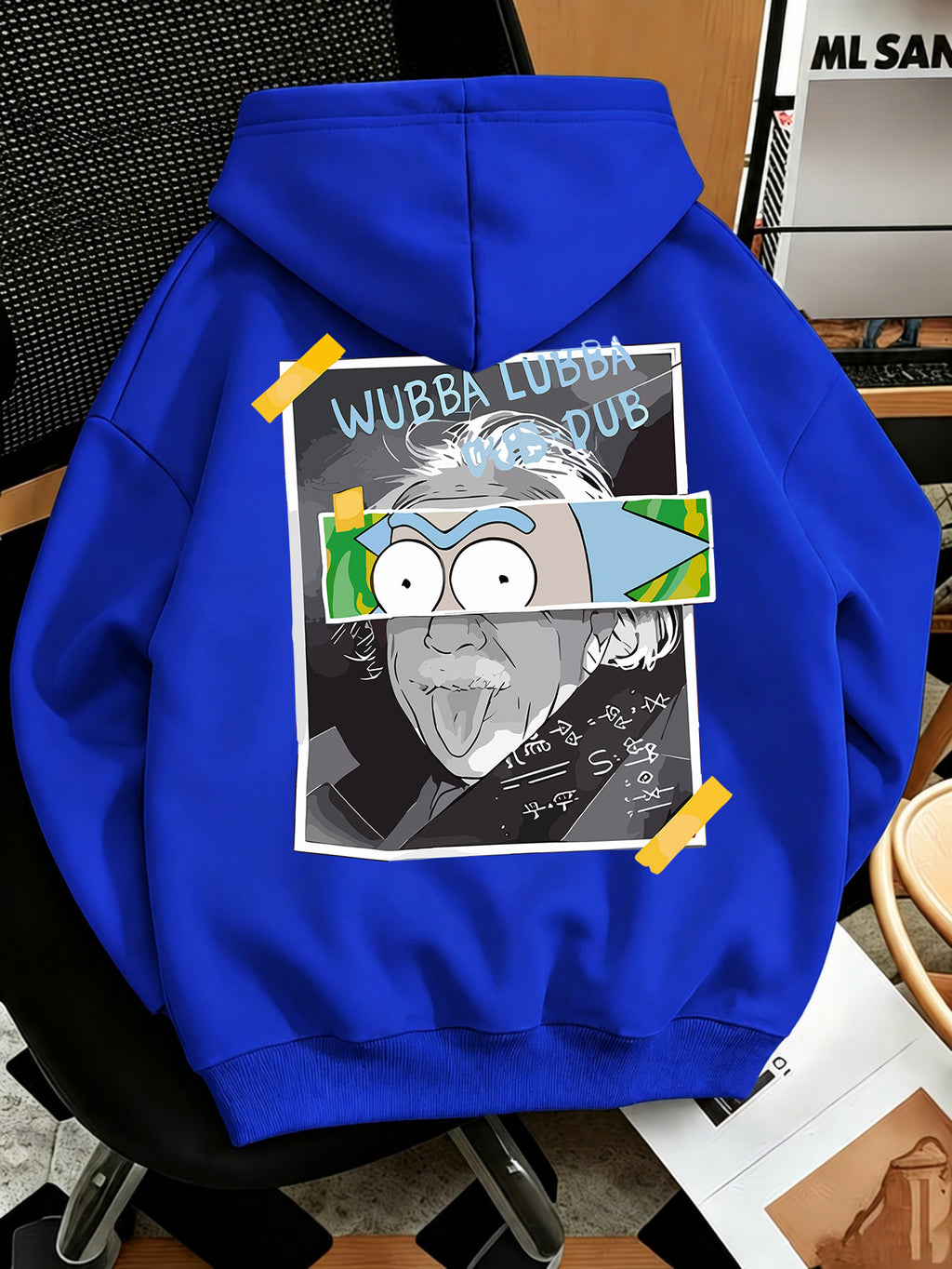 Warner Bros Official Men's Fashion Sweatshirt, Rick's Classic Catchphrase Collage Einstein Polaroid Print Design, Men's Fashion Hoodie Loose Fit with Adjustable Drawstring, -Lined Sweatshirt for Comfortable Fall/Winter Wear, Outdoor Sports Casual - Blue