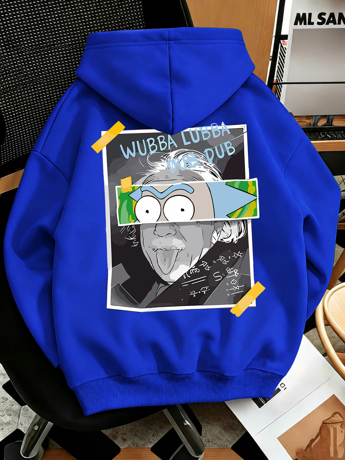 Warner Bros Official Men's Fashion Sweatshirt, Rick's Classic Catchphrase Collage Einstein Polaroid Print Design, Men's Fashion Hoodie Loose Fit with Adjustable Drawstring, -Lined Sweatshirt for Comfortable Fall/Winter Wear, Outdoor Sports Casual - Blue
