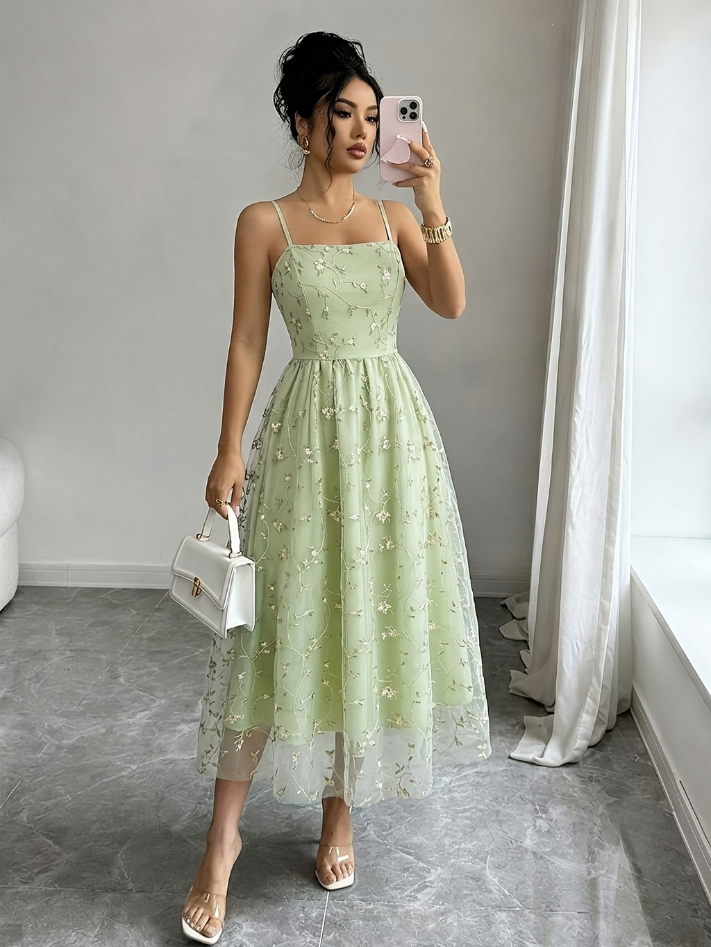Elegant Women's Mesh Spaghetti Strap A-Line Dress - Green