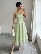 Elegant Women's Mesh Spaghetti Strap A-Line Dress - Green