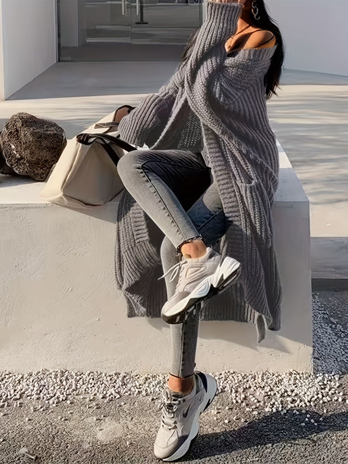 New Autumn and Winter European and American Style Women's Open Front Long Sleeve Casual Sweater Cardigan - Grey