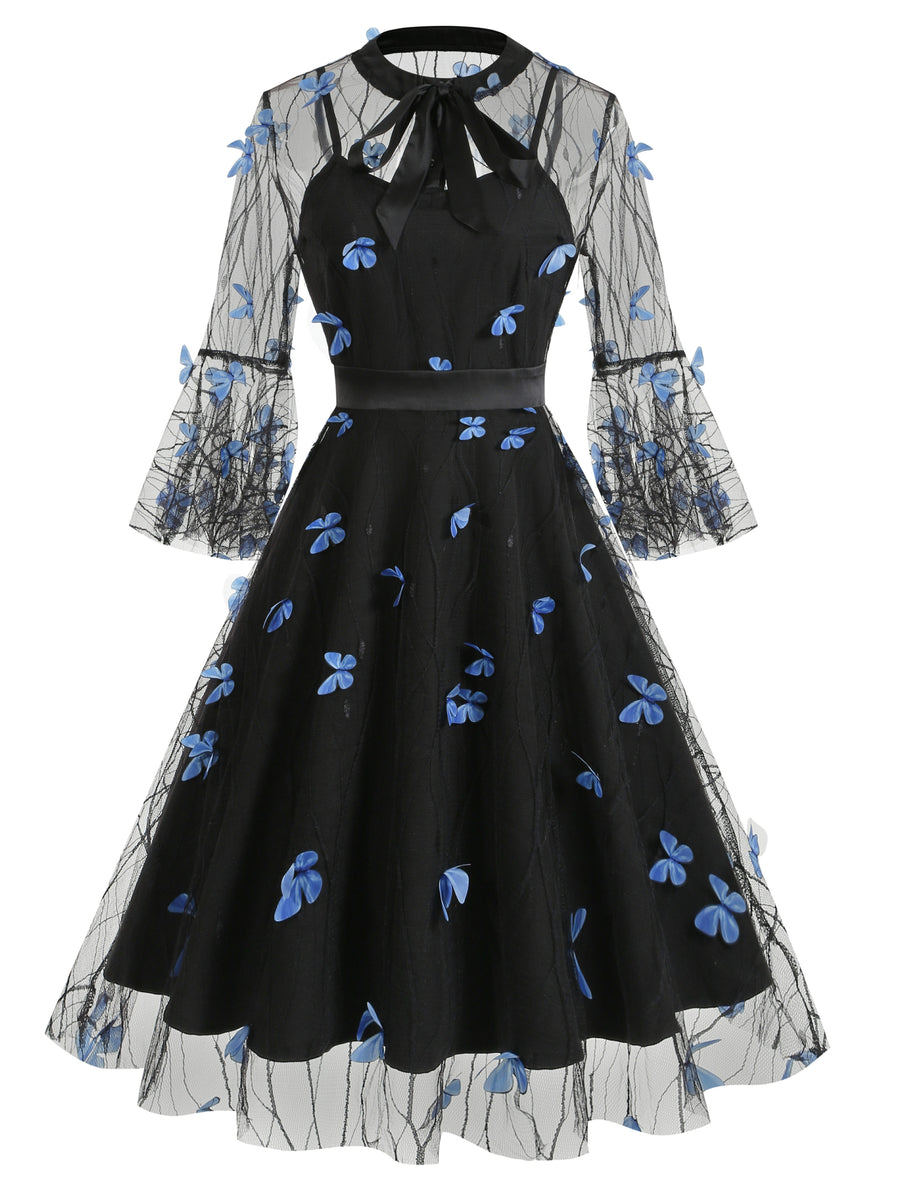 Vintage Mesh Embroidered Patchwork Mid-Sleeve Gothic Dark Evening Gown, for Gatherings, Parties, Dress, Evening Dress, Gown - Blue Color Butterfly