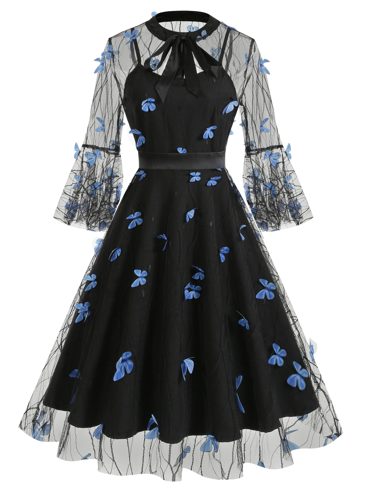 Vintage Mesh Embroidered Patchwork Mid-Sleeve Gothic Dark Evening Gown, for Gatherings, Parties, Dress, Evening Dress, Gown - Blue Color Butterfly