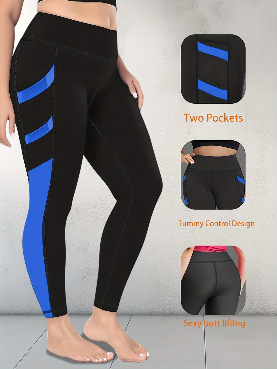 Plus Size Women's High-Waisted Yoga Pants Tummy Control Workout Leggings with 4 Side Pockets Color-blocking Design,for Running, Fitness Casual & Sports Wear - Royal Blue