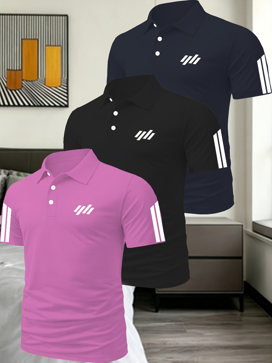 Men'S Exquisite Solid Color Polo Shirt 3pcs Set Multi-Pc Golf Casual Top - Pink Black Navy Blue