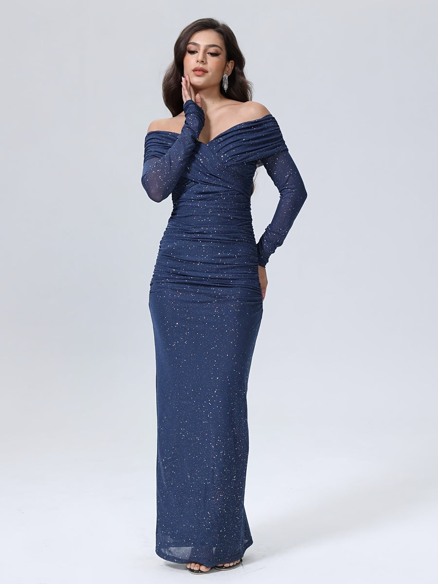 Form-Fitting Long-Sleeve Party Dress with Off-Shoulder Design And Sexy Ruffled Details - Blue