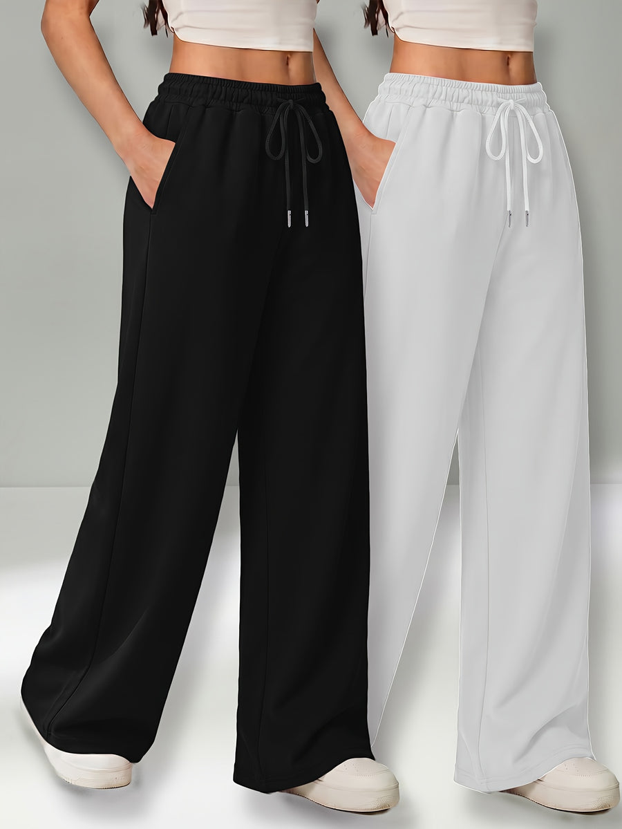 Autumn and Winter High-Waisted Casual Versatile Pants, Elastic Waist Loose Wide-Leg Pants 2pcs Set - Black+White