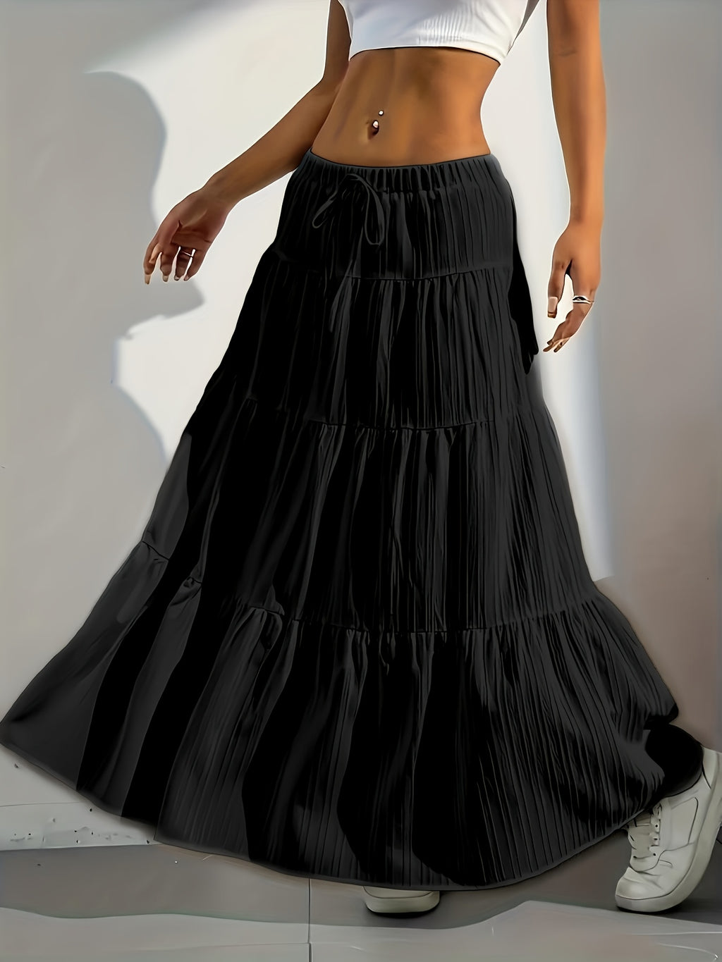 Elegant Style 2025 Western Cross-Border Women'S New Solid Color Half Skirt with Tie-Back Flared Skirt Loose Half Skirt Women - Black