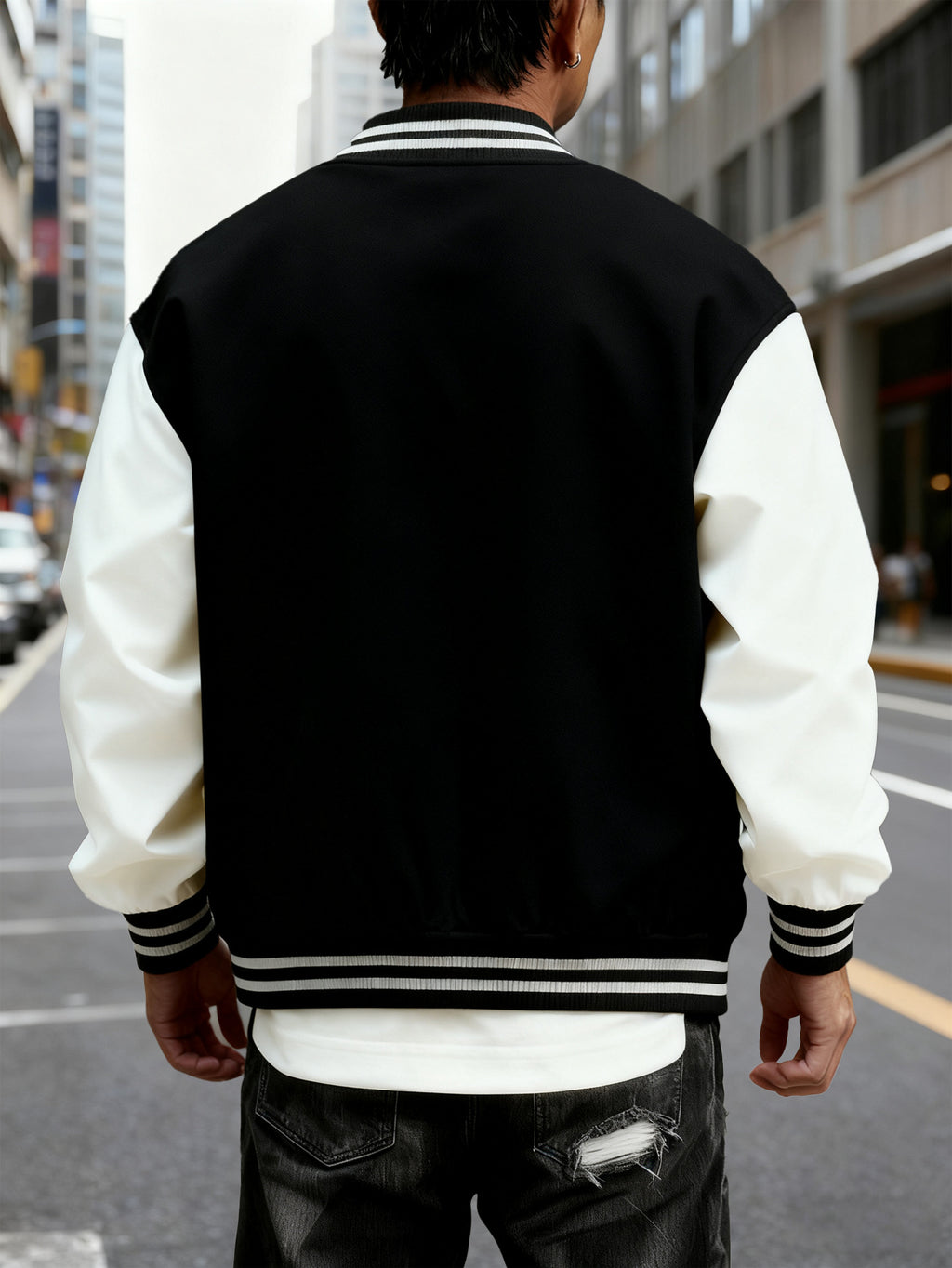 Men's Trendy Baseball Jacket with New York Style NY Letter Graphic Design - Contrast Sleeve Color Block Style - Button Closure with Stretchable Fabric, Versatile and Comfortable Jacket for All Seasons - Suitable for Outdoor Travel, Sports, and Friend - Black