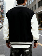 Men's Trendy Baseball Jacket with New York Style NY Letter Graphic Design - Contrast Sleeve Color Block Style - Button Closure with Stretchable Fabric, Versatile and Comfortable Jacket for All Seasons - Suitable for Outdoor Travel, Sports, and Friend - Black