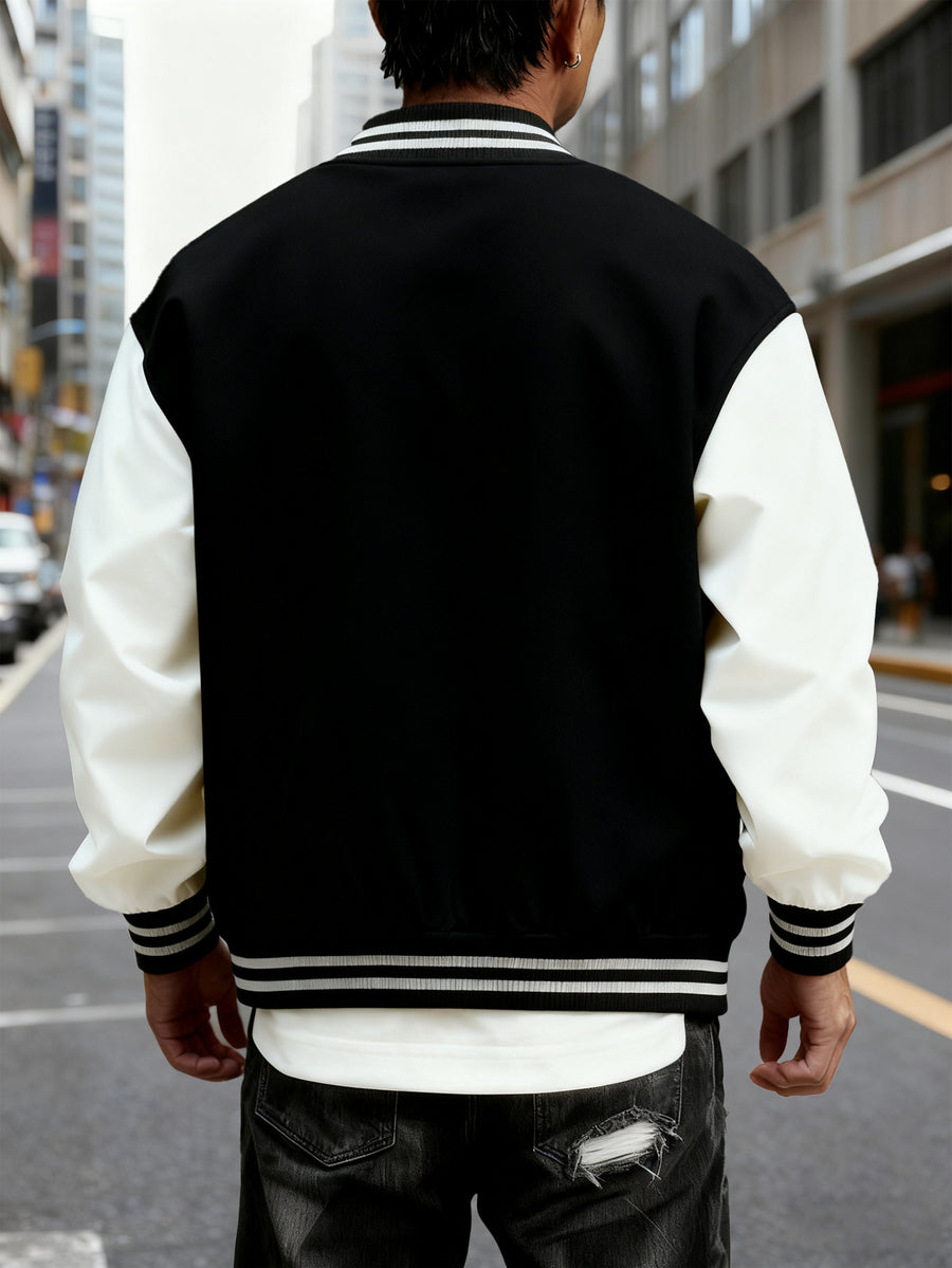 Men's Trendy Baseball Jacket with New York Style NY Letter Graphic Design - Contrast Sleeve Color Block Style - Button Closure with Stretchable Fabric, Versatile and Comfortable Jacket for All Seasons - Suitable for Outdoor Travel, Sports, and Friend - Black